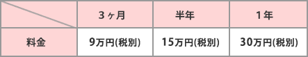 3ヶ月／9万円　半年／15万円　1年／30万円